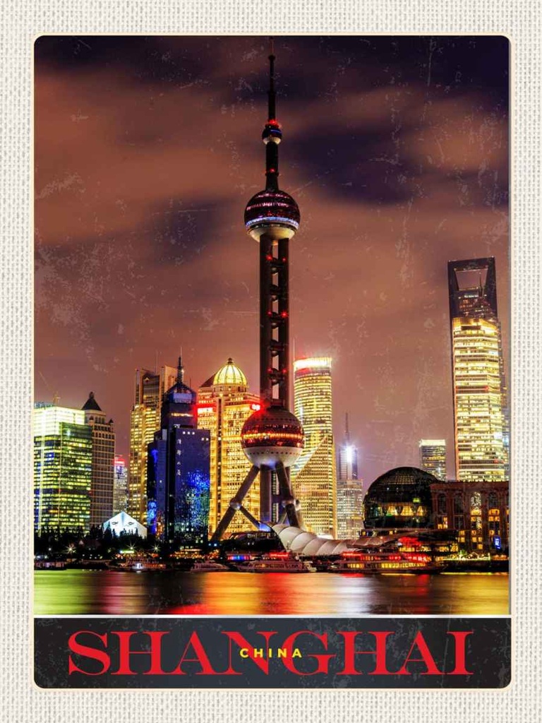 Holzschild 40x30 cm Shanghai China Stadt Tower Meer Bildmotiv Reisemotiv Abenteuer Reisen