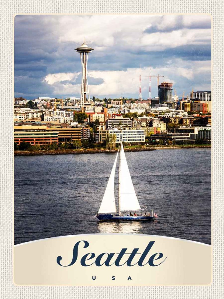 Holzschild 40x30 cm Seattle USA Boot Schiff Stadt Meer Bildmotiv Reisemotiv Amerika