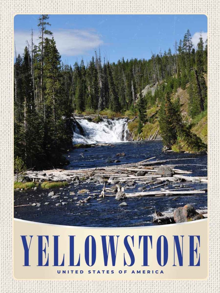 Holzschild 40x30 cm Yellowstone Wasserfall Gebirge Natur Bildmotiv Reisemotiv Amerika USA