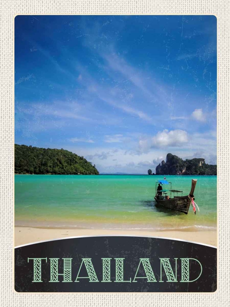 Holzschild 40x30 cm Thailand Meer Boot Gebirge Himmel Bildmotiv Reisemotiv Abenteuer Reisen