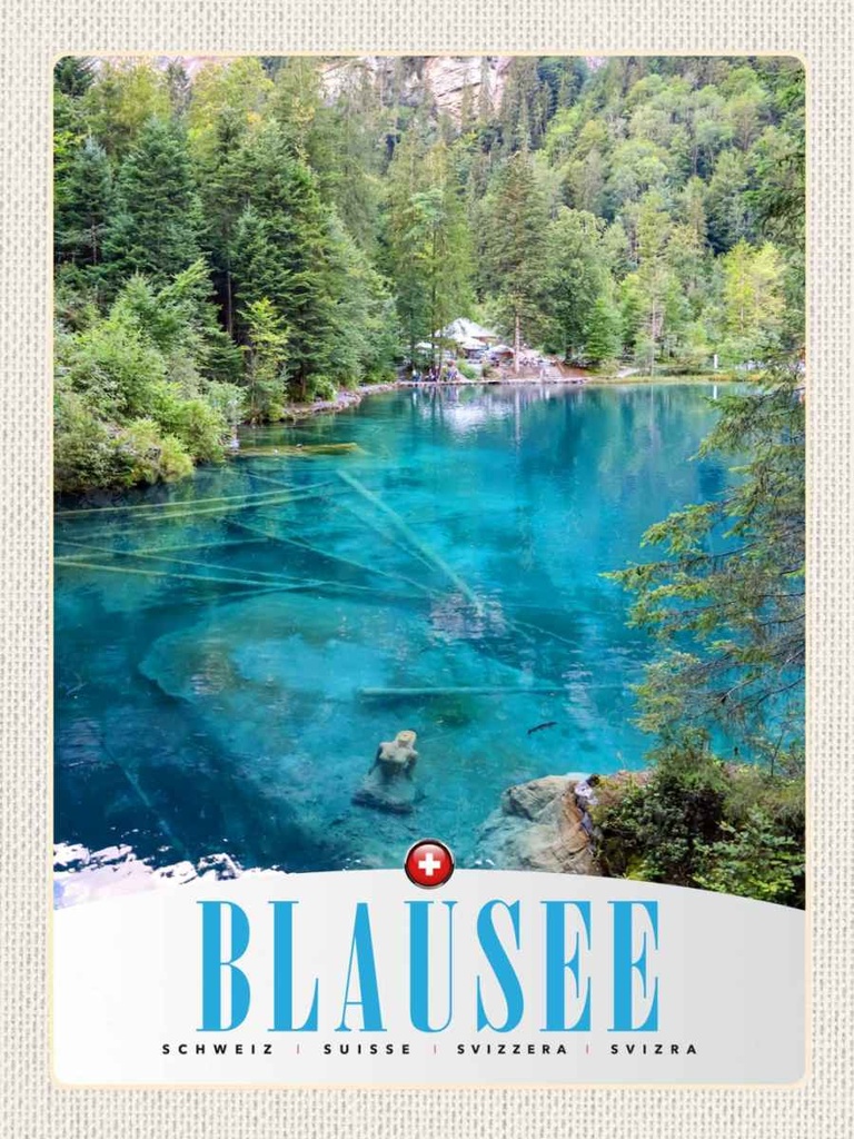 Holzschild 40x30 cm Blausee Schweiz Natur Wald Gebirge Bildmotiv Reisemotiv Abenteuer Reisen