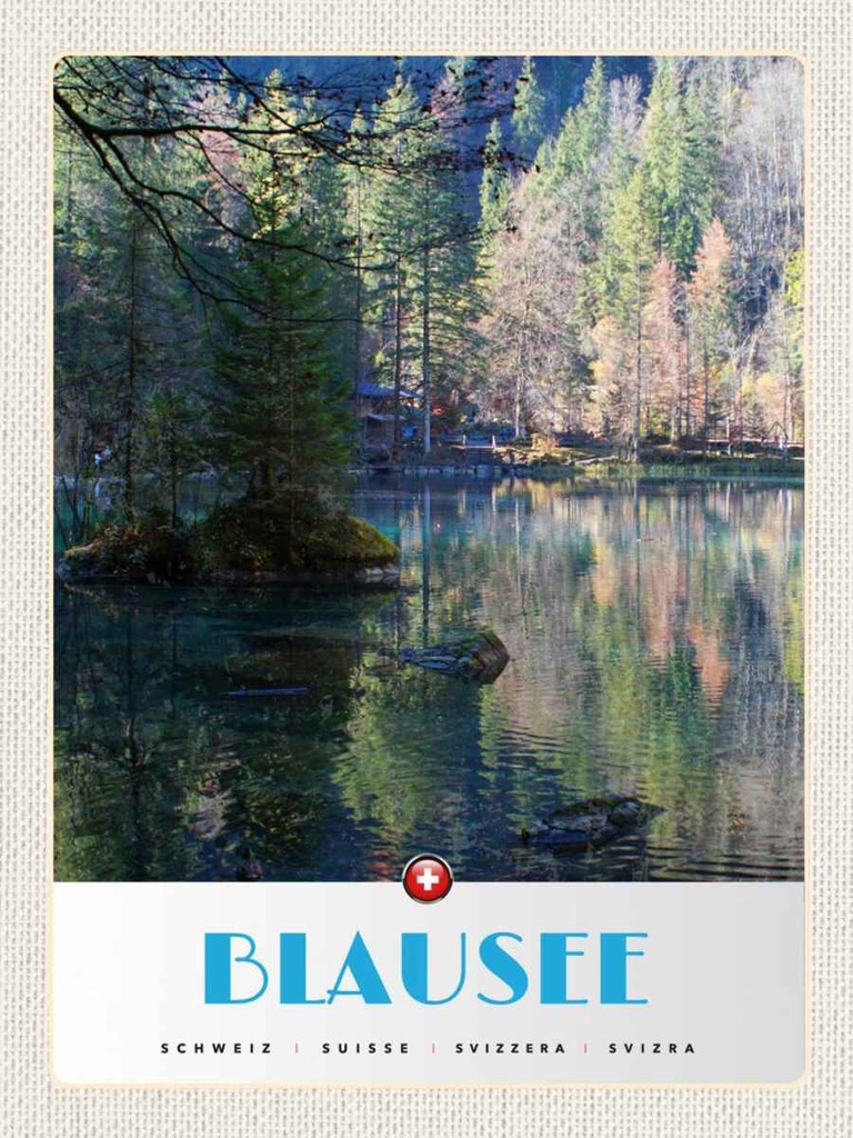 Holzschild 40x30 cm Blausee Schweiz Natur Wald Bildmotiv Reisemotiv Abenteuer Reisen