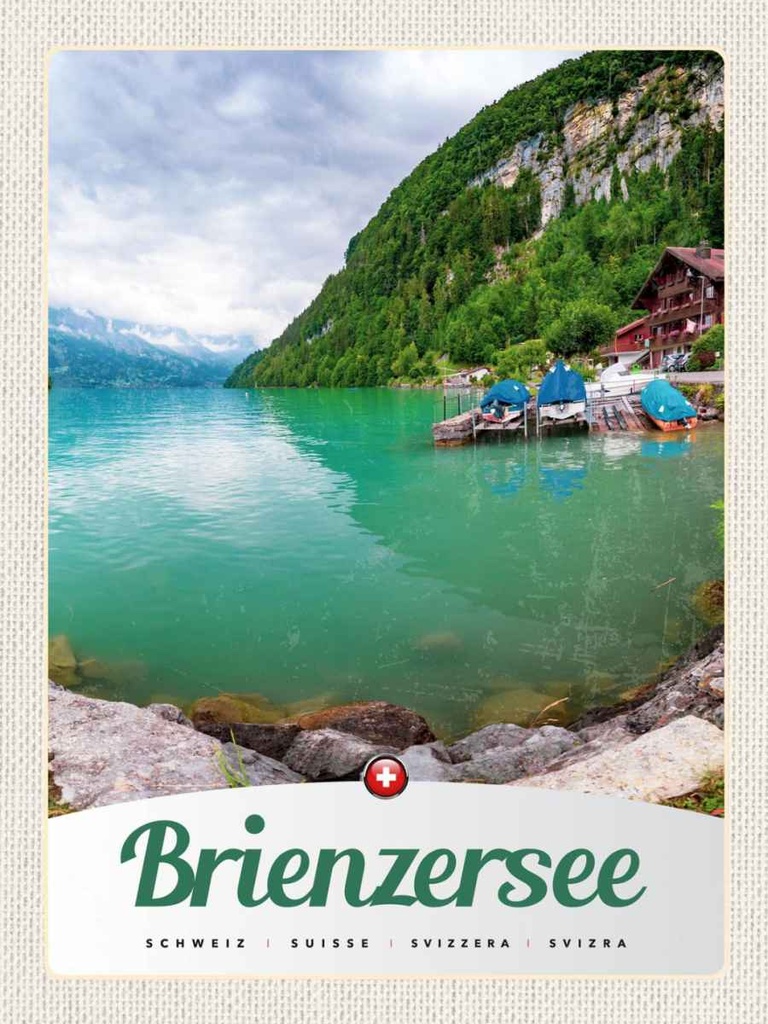 Holzschild 40x30 cm Brienzersee Schweiz Boot Gebirge Bildmotiv Reisemotiv Europa