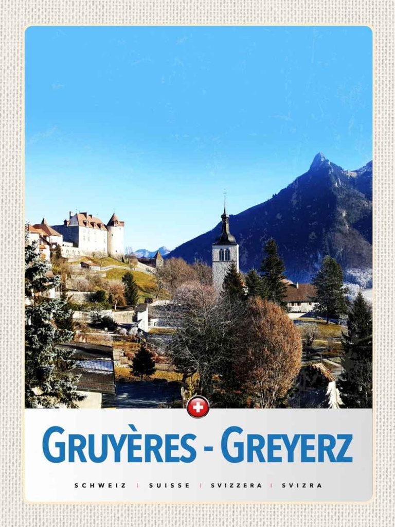 Holzschild 40x30 cm Gruyeres Greyerz Schweiz Winterzeit Bildmotiv Reisemotiv Europa