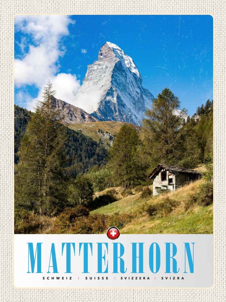 Holzschild 40x30 cm Matterhorn Schweiz Wald Gebirge Schnee Bildmotiv Reisemotiv Europa