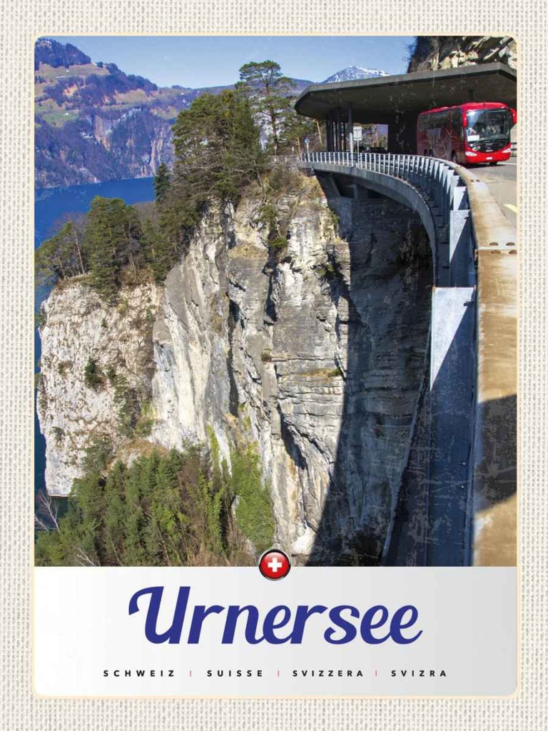 Holzschild 40x30 cm Urnersee Schweiz Bus Gebirge Natur Bildmotiv Reisemotiv Europa