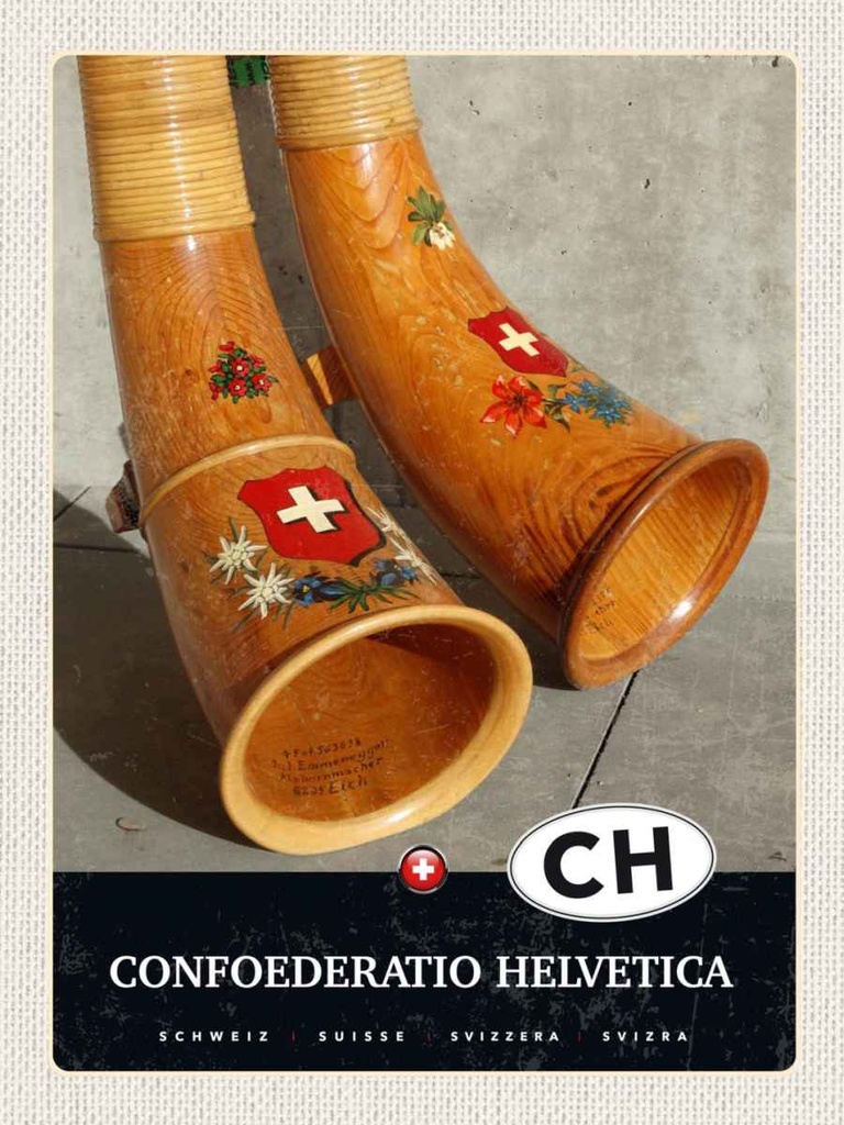 Holzschild 40x30 cm Confoederatio Helvetica Alphorn Bildmotiv Reisemotiv Europa