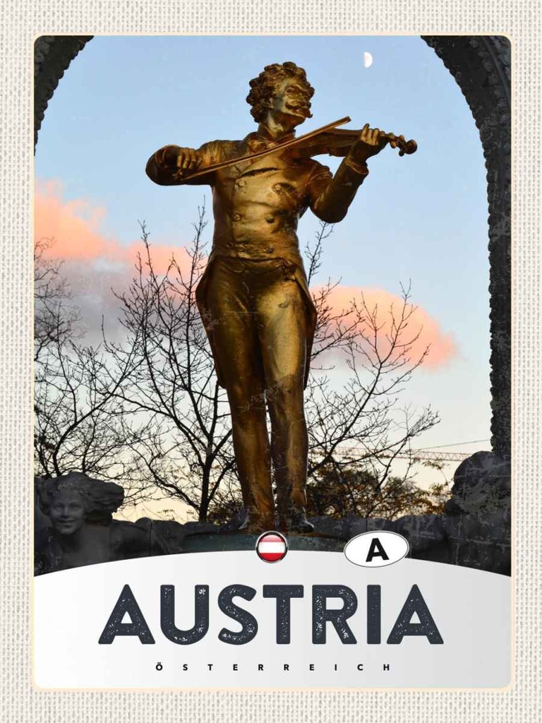 Holzschild 40x30 cm Österreich Skulptur Mann Geige gold Bildmotiv Reisemotiv Europa