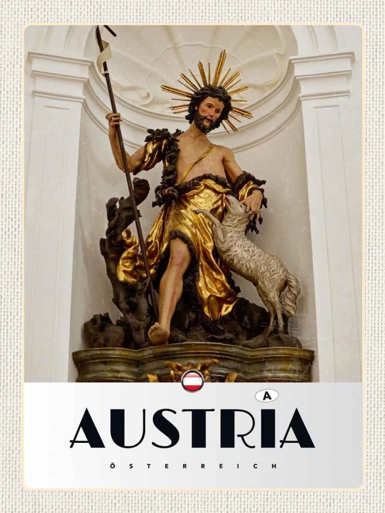 Holzschild 40x30 cm Österreich Skulptur Jesud Gold Schaf Bildmotiv Reisemotiv Europa