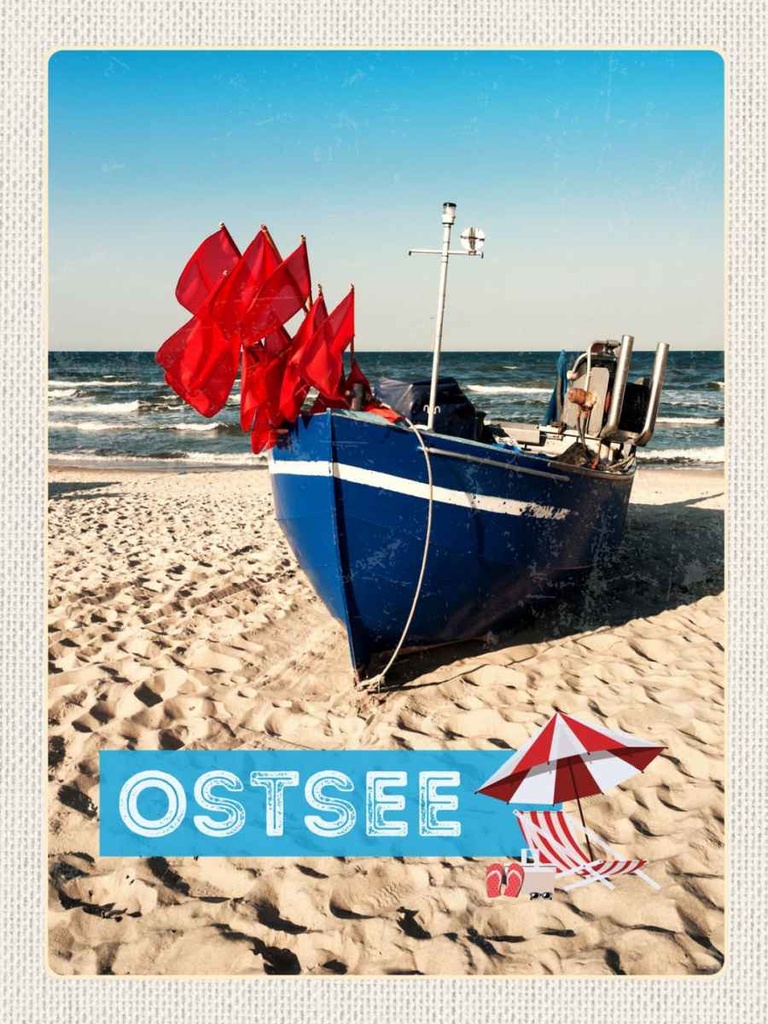 Holzschild 40x30 cm Ostsee Strand Boot Meer Sand Bildmotiv Reisemotiv Abenteuer Reisen