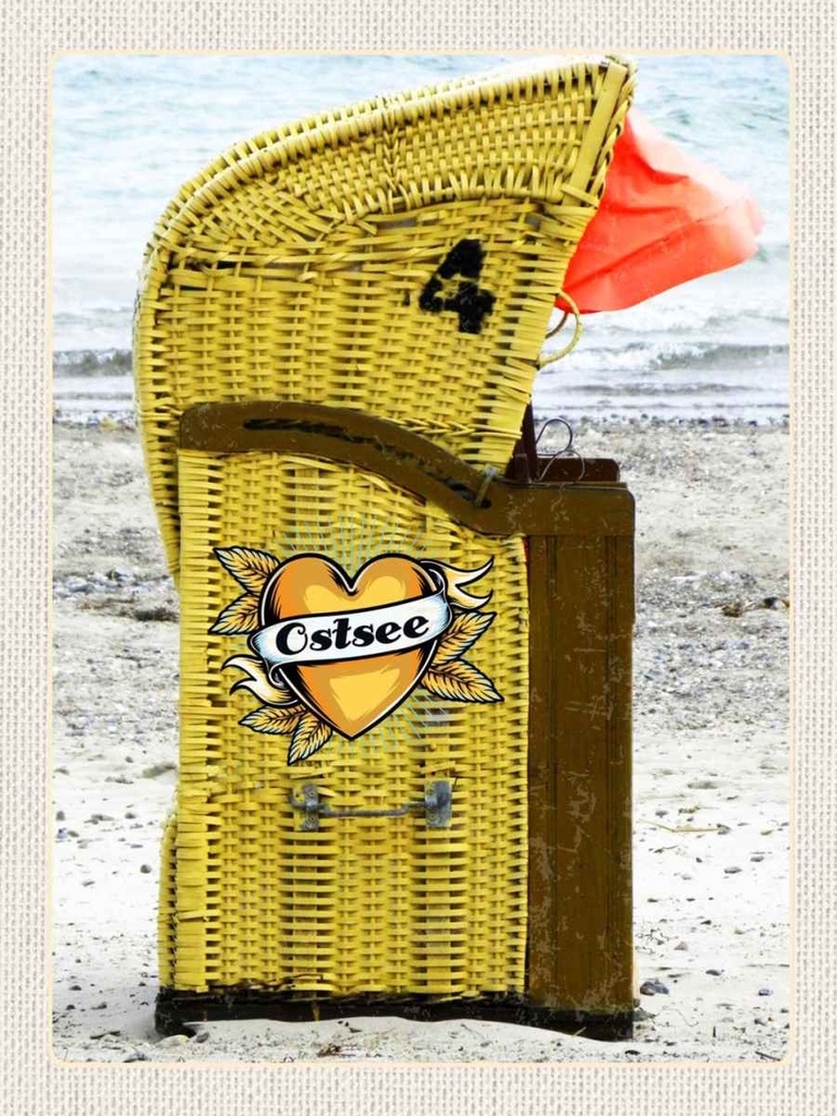 Holzschild 40x30 cm Ostsee Strandkorb gelb Meer Strand Bildmotiv Reisemotiv Europa