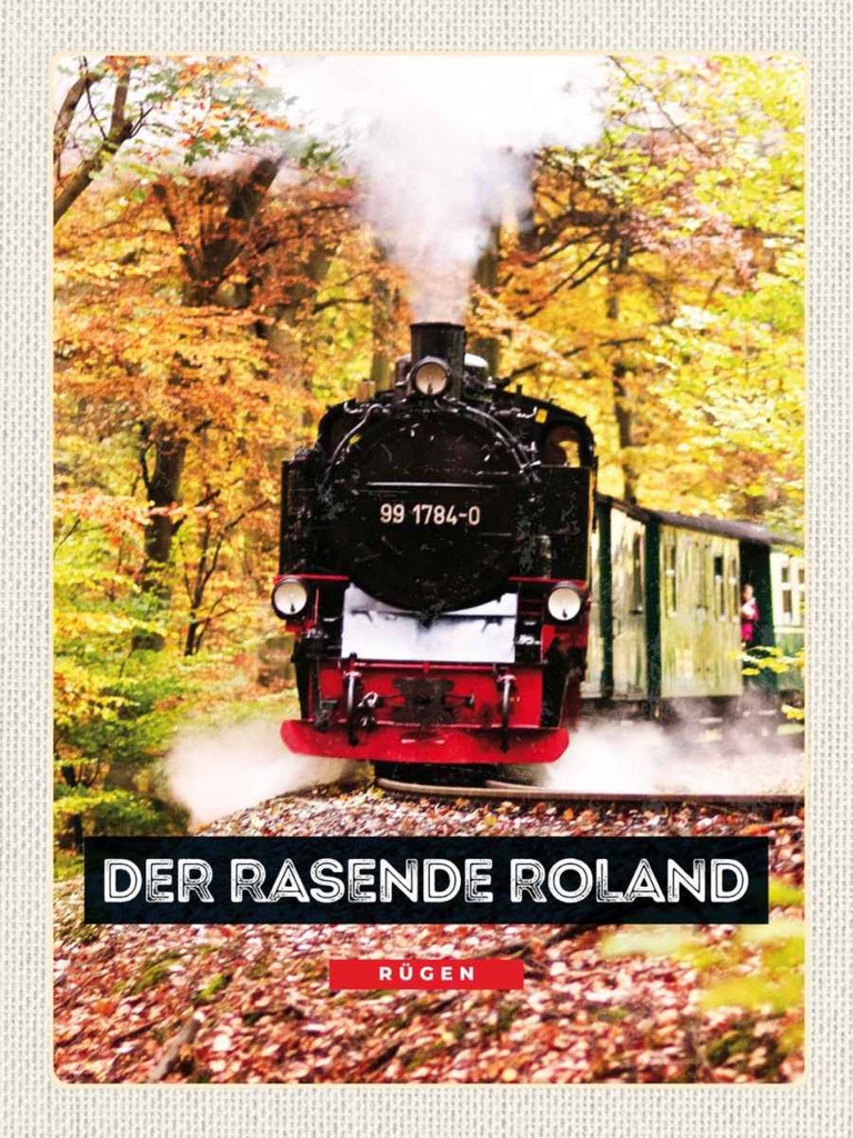 Holzschild 40x30 cm Rügen der rasende Roland Lokomotive Bildmotiv Reisemotiv Spruch Zitat