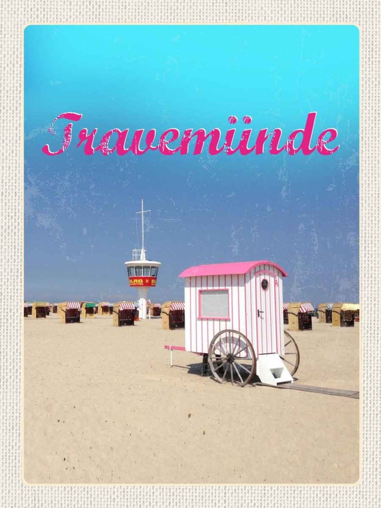 Holzschild 40x30 cm Travenmünde Strand Strankörbe DLRG Bildmotiv Reisemotiv Dekoration