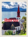 Holzschild 40x30 cm Attersee Österreich Kirche Berge See Bildmotiv Reisemotiv Abenteuer Reisen