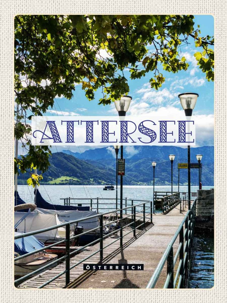 Holzschild 40x30 cm Attersee Österreich Kirche Laterne See Bildmotiv Reisemotiv Abenteuer Reisen