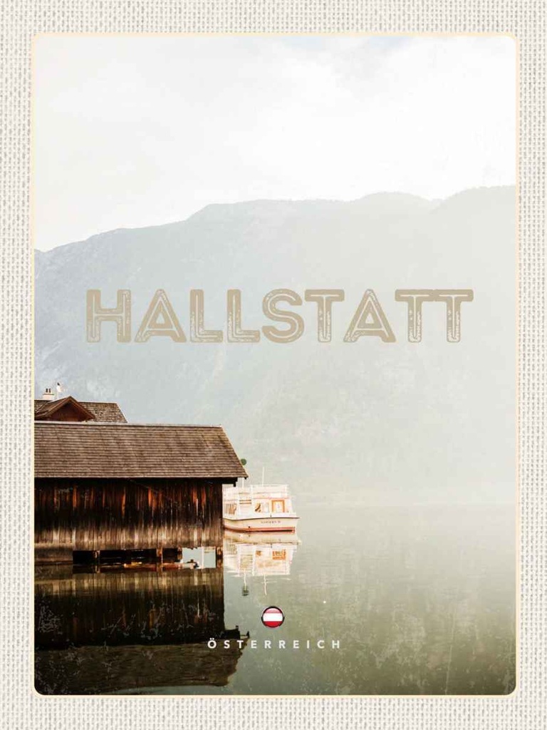 Holzschild 40x30 cm Hallstatt Österreich See Berge Boot Bildmotiv Reisemotiv Essen Trinken