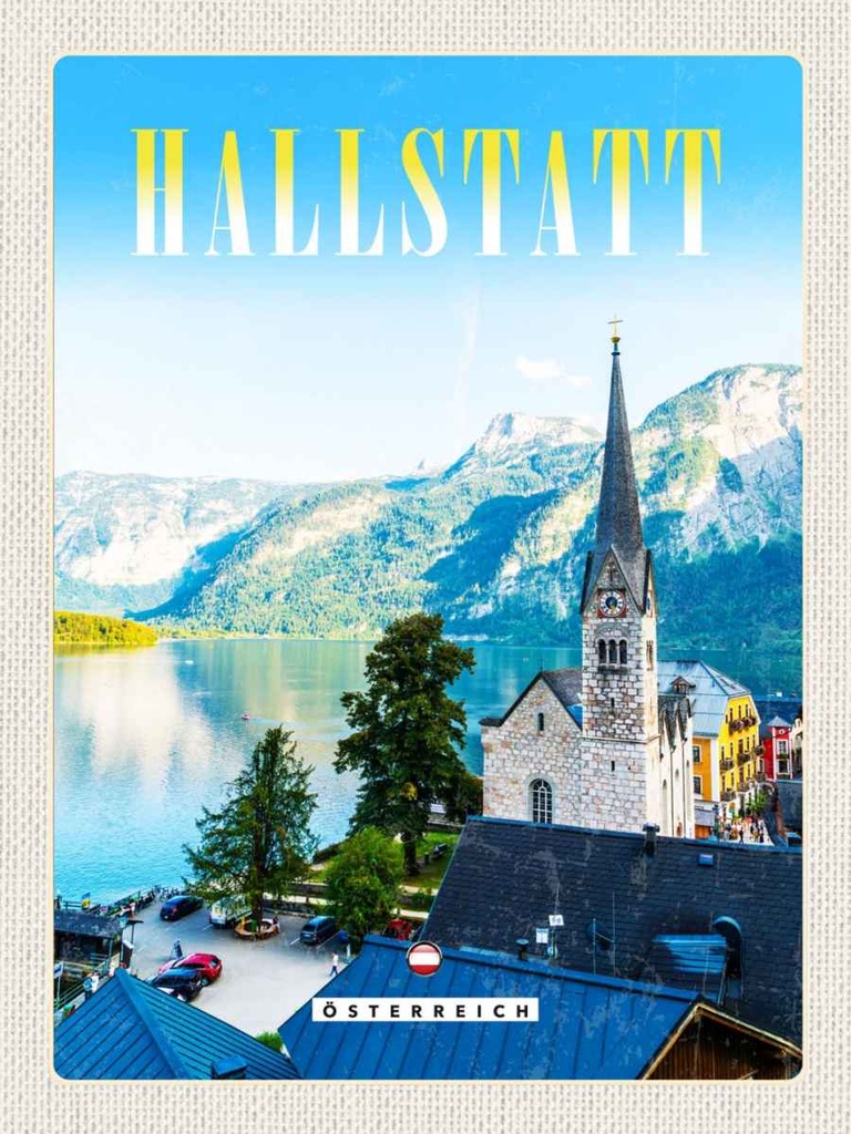 Holzschild 40x30 cm Hallstatt Österreich Berge Kirche Bildmotiv Reisemotiv Essen Trinken
