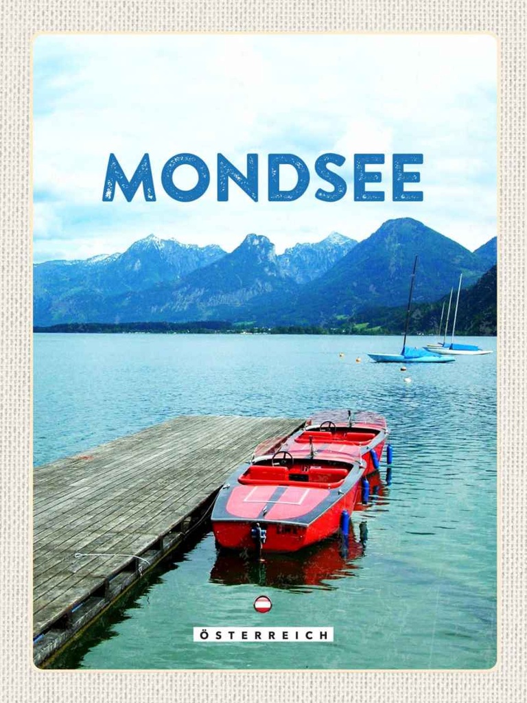Holzschild 40x30 cm Mondsee Österreich Boote See Berge Bildmotiv Reisemotiv Europa