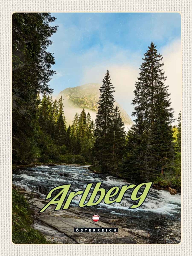 Holzschild 40x30 cm Arlberg Wälder Wasserfall Strömung Bildmotiv Reisemotiv Abenteuer Reisen