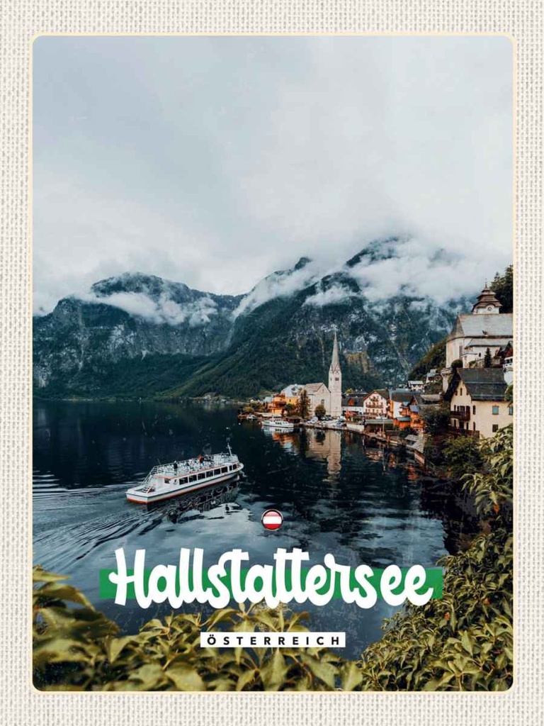 Holzschild 40x30 cm Hallstattersee Berge Schiff Boot Berg Bildmotiv Reisemotiv Essen Trinken