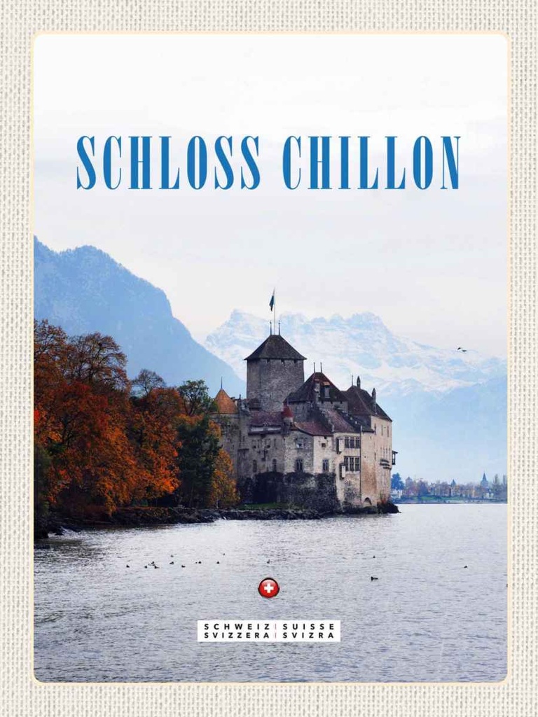 Holzschild 40x30 cm Ausblick auf Schloss Chillon Genfersee Bildmotiv Reisemotiv Abenteuer Reisen