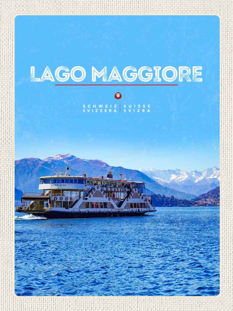 Holzschild 40x30 cm Lago Maggiore Schiff See Berge Natur Bildmotiv Reisemotiv Europa