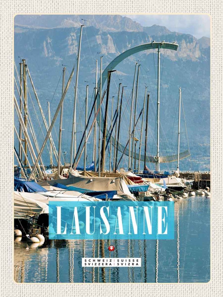 Holzschild 40x30 cm Lausanne Schweiz Boote Gebirge Wälder Bildmotiv Reisemotiv Europa