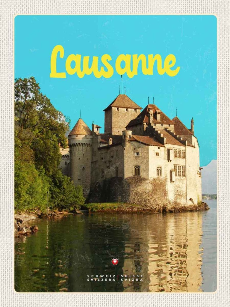 Holzschild 40x30 cm Lausanne Schloss See Schweiz Bildmotiv Reisemotiv Europa