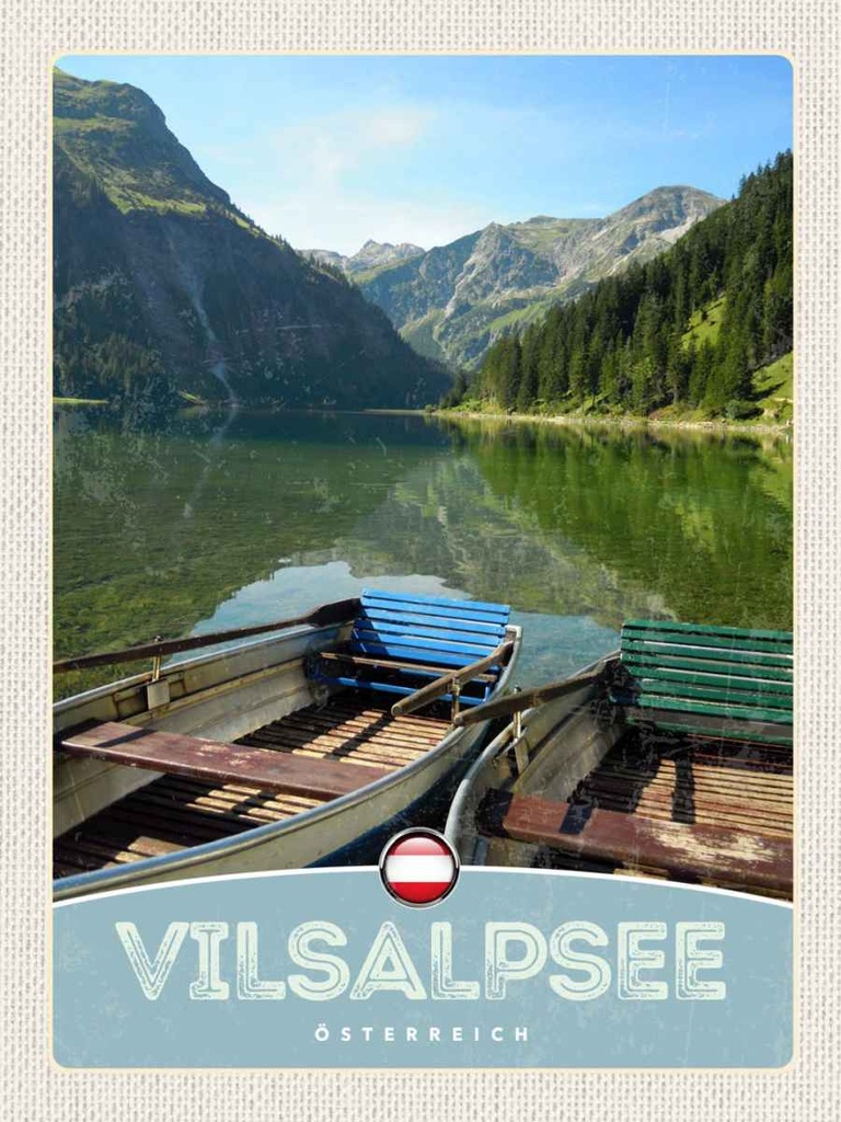 Holzschild 40x30 cm Vilsalpsee Österreich Wälder Boot Bildmotiv Reisemotiv Europa