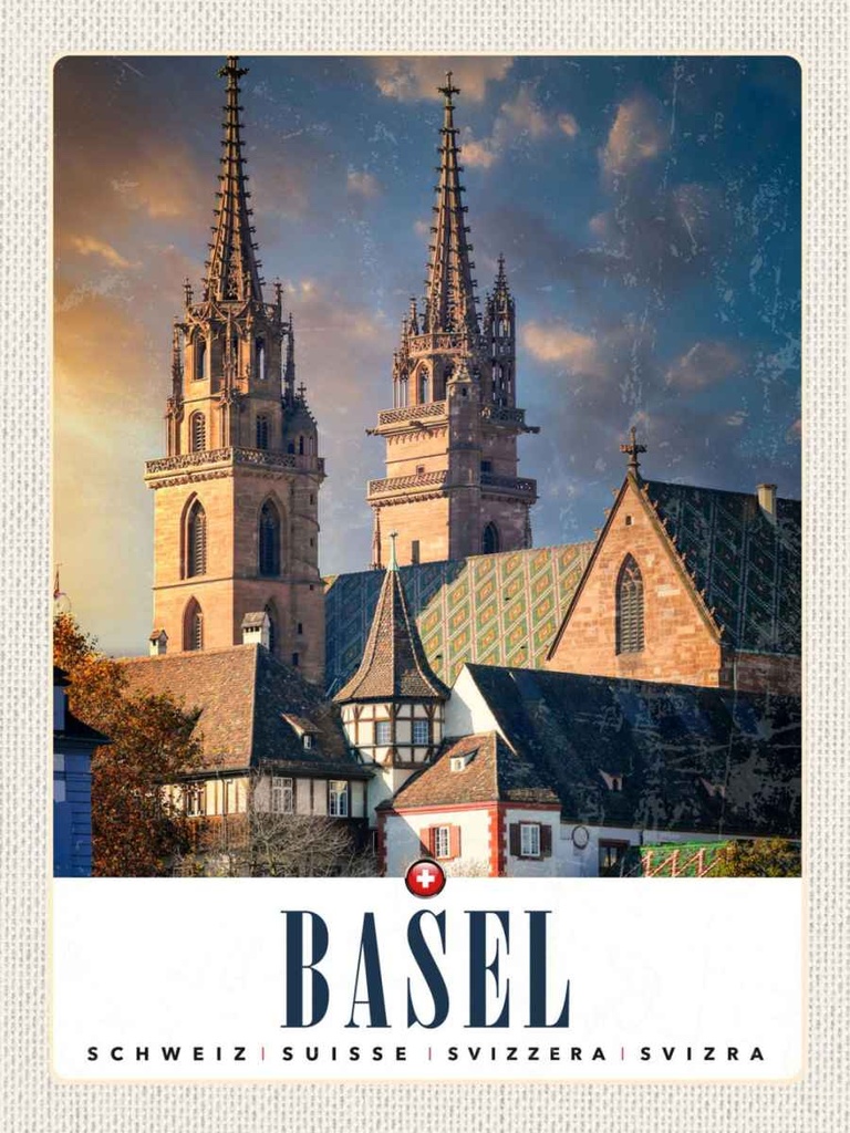 Holzschild 40x30 cm Basel Schweiz Kirche Architekur Bildmotiv Reisemotiv Abenteuer Reisen
