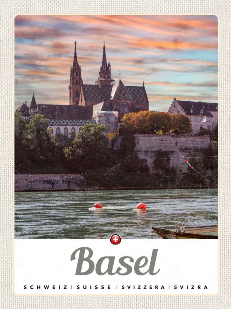 Holzschild 40x30 cm Basel Schweiz Fluss Natur Architektur Bildmotiv Reisemotiv Abenteuer Reisen