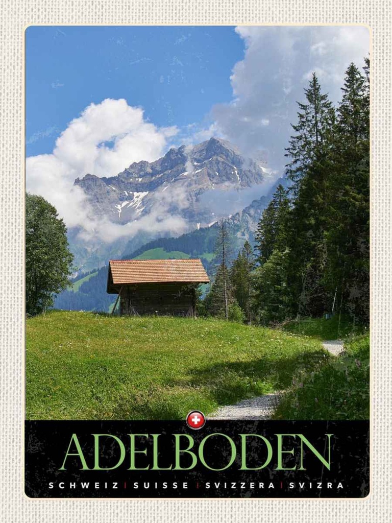 Holzschild 40x30 cm Adelboden Schweiz Wälder Häuschen Bildmotiv Reisemotiv Abenteuer Reisen