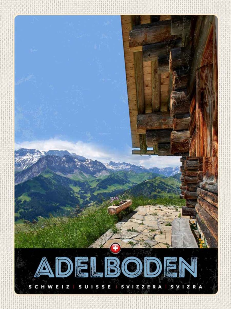 Holzschild 40x30 cm Adelboden Schweiz Aussicht auf Gebirge Bildmotiv Reisemotiv Abenteuer Reisen