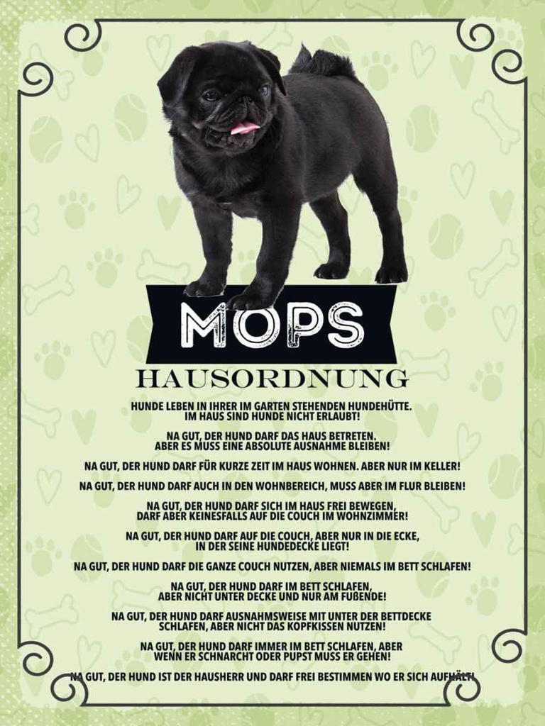 Holzschild 40x30 cm Tiere Mops Hausordnung Hunde Tier Haustier