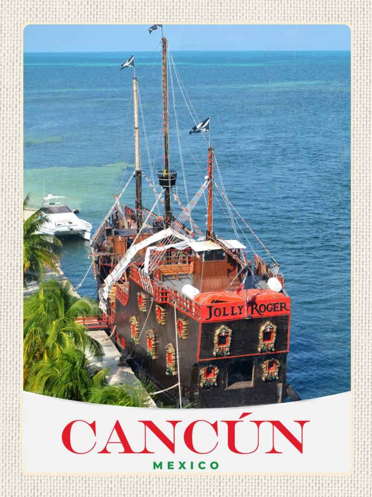 Holzschild 40x30 cm Cancun Mexiko Schiff Jolly Roger Bildmotiv Reisemotiv Amerika USA
