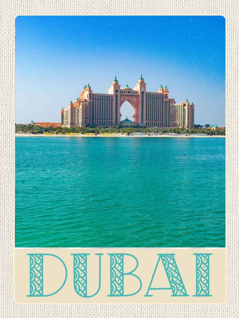 Holzschild 40x30 cm Dubai Strand Meer Moschee Sonne Bildmotiv Reisemotiv Abenteuer Reisen