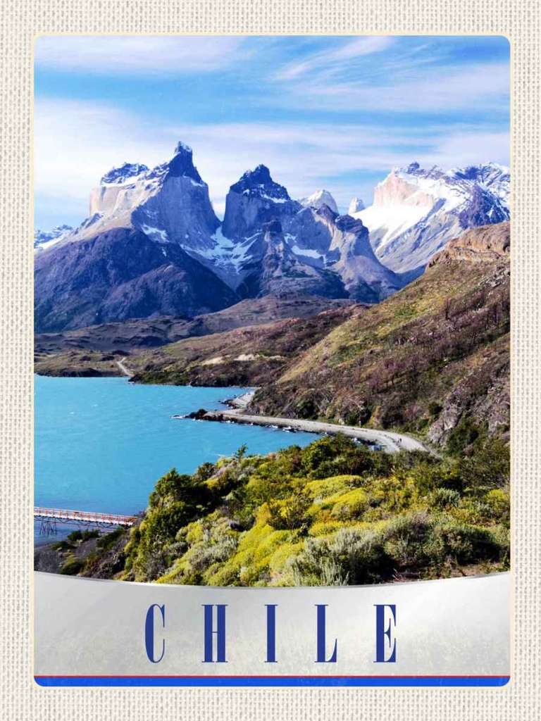 Holzschild 40x30 cm Chile Gebirge Meer Natur Schnee Bildmotiv Reisemotiv Abenteuer Reisen
