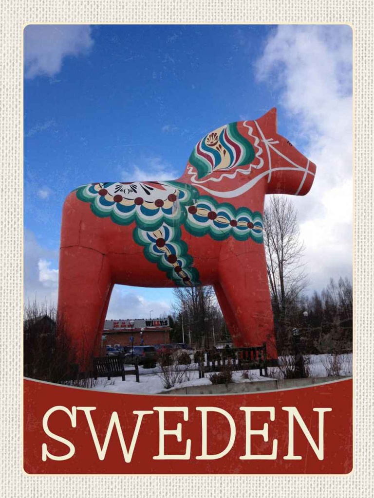 Holzschild 40x30 cm Schweden rotes Pferd Skulptur Bildmotiv Reisemotiv Europa
