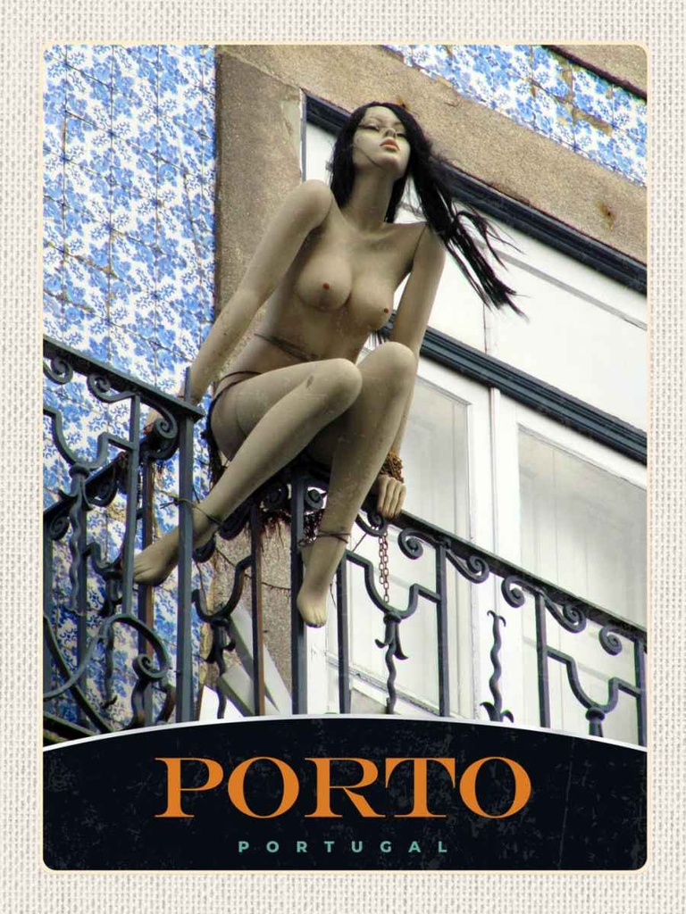 Holzschild 40x30 cm Porto Portugal Skulptur Bildmotiv Reisemotiv Straße Stadt