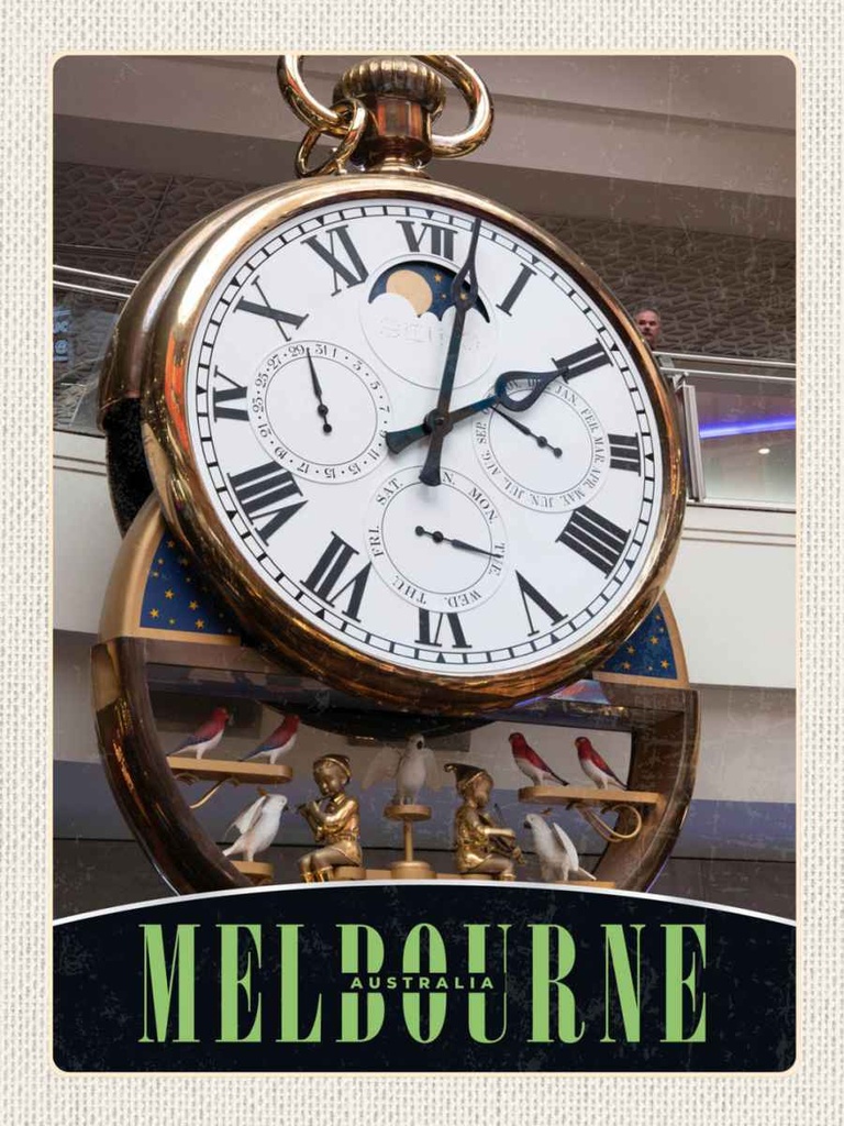 Holzschild 40x30 cm Melbourne Australien Uhr Vögel Bildmotiv Reisemotiv Dekoration