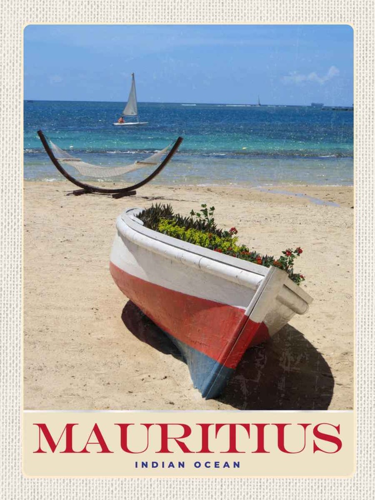 Holzschild 40x30 cm Mauritius Indischer Ozean Boot Bildmotiv Reisemotiv Abenteuer Reisen