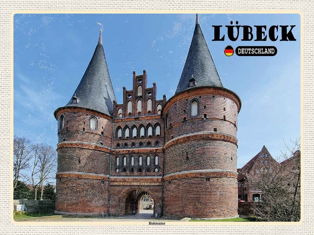 Holzschild 30x40 cm Lübeck Deutschland Holstentor Bildmotiv Reisemotiv Straße Stadt