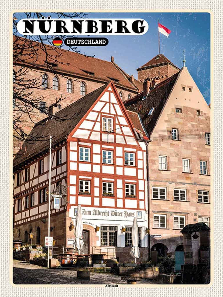 Holzschild 40x30 cm Nürnberg Deutschland Altstadt Bildmotiv Reisemotiv Straße Stadt