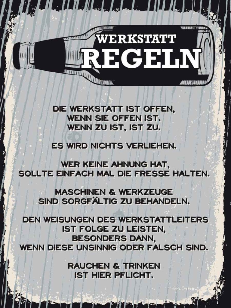 Holzschild 40x30 cm Werkstatt Regeln schwarz weiß Auto Garage