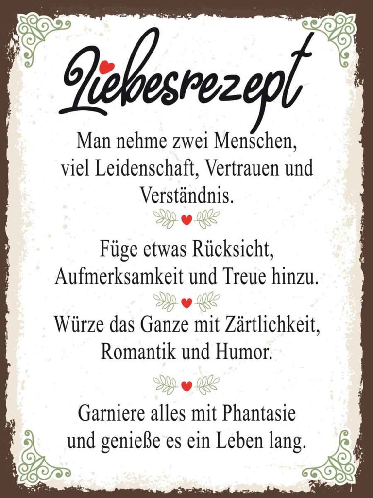 Holzschild 40x30 cm Liebesrezept man nehme 2 Menschen Spruch Zitat