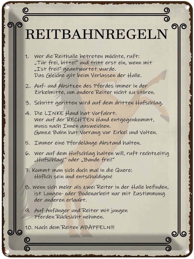 Blechschild 40x30 cm Reitbahnregeln wer Reithalle Dekoration Spruch Zitat