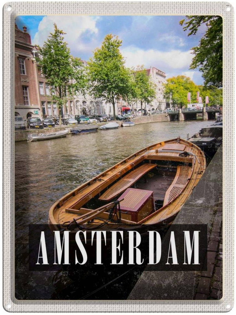 Blechschild 40x30 cm AmsterdamBoot Holland Bildmotiv Reisemotiv Abenteuer Reisen Straße Stadt Urlaub