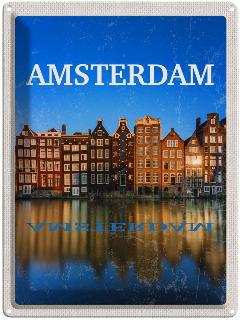Blechschild 40x30 cm Retro Amsterdam Reiseziel Bildmotiv Reisemotiv Abenteuer Reisen Straße Stadt Urlaub