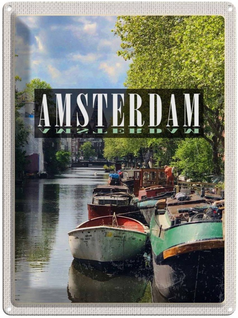 Blechschild 40x30 cm AmsterdamBootsfahrt Bildmotiv Reisemotiv Abenteuer Reisen Straße Stadt Urlaub