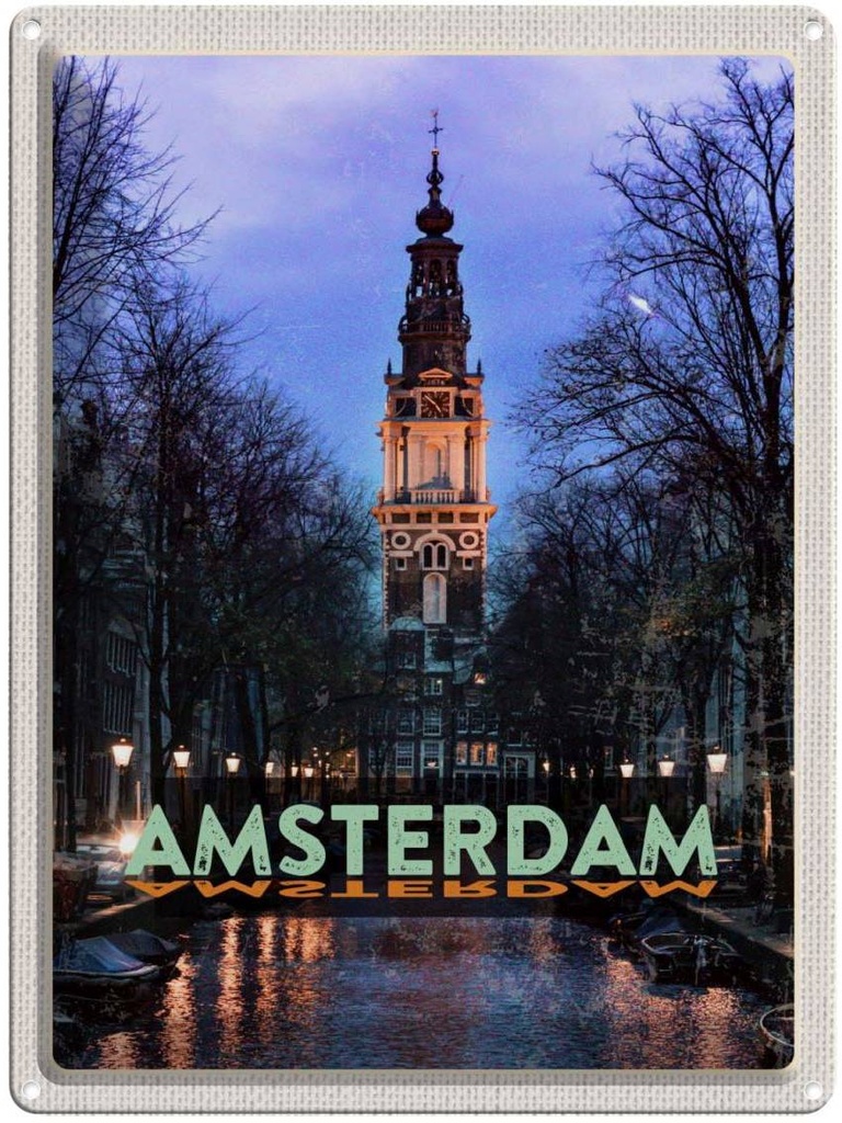 Blechschild 40x30 cm AmsterdamMunt Tower Bildmotiv Reisemotiv Abenteuer Reisen Straße Stadt Urlaub